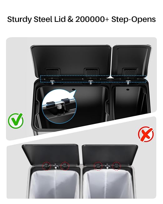 Dual Trash and Recycling Bins for Kitchen, 13.2 + 5.2 Gal (50+20L) Stainless Steel Trash and Recycle Bin Combo with Soft-Close Lid, Large Garbage Cans for Kitchen Home with 2 Magnets Sticker, Silver