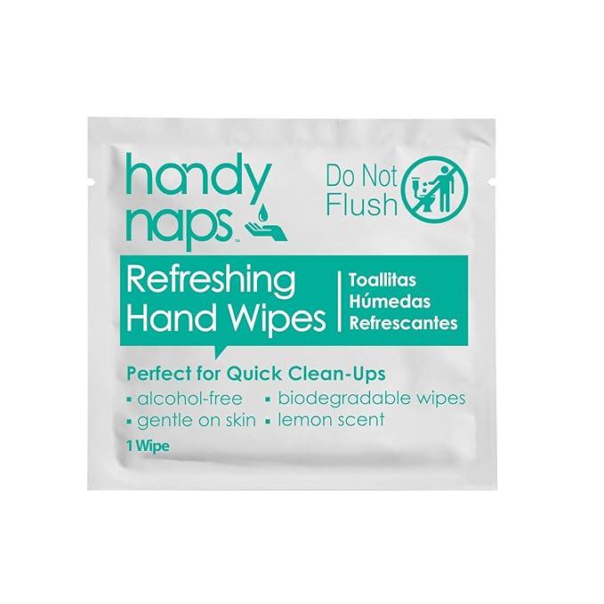 Handynaps Alcohol-Free Hand Wipes With Fresh Lemon Scent, Gentle On The Skin - Box of 100 Individually Wrapped Wipes For Adults and Kids, Travel Essentials