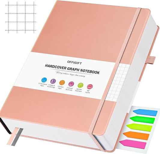 Graph Paper Notebook, 312 Numbered Pages Large A5 Hardcover Leather Journal, 100gsm No Bleed Grid Paper Notebook with Index Pages, Grid Notebook for Graphing Notes Math, 5.75" x 8.38", Pink