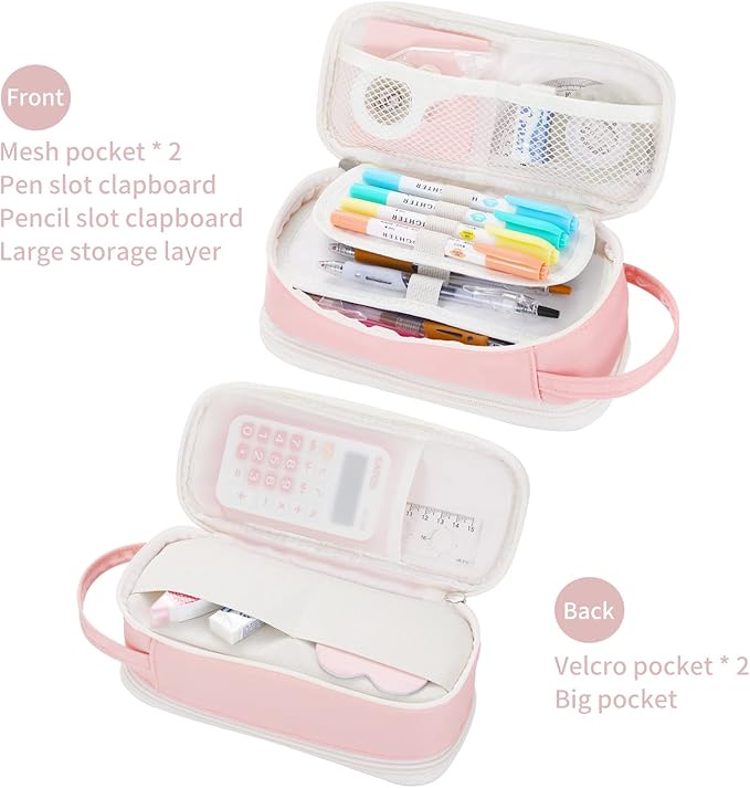 Dugio Big Pencil Case for Girls Teens Kids Zipper Pencil Pouch with Handle Organizer Pencil Bag Aesthetic Pencil Box for School Pink