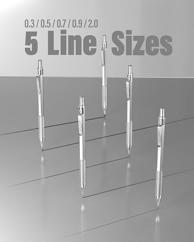 21PCS Metal Mechanical Pencil Set, Art Lead Pencil 0.3, 0.5, 0.7, 0.9, 2mm Holder(HB 2H 2B 4B Color) with 10 Tubes Graphite Lead Refills Eraser with Case for Drafting Drawing Sketching