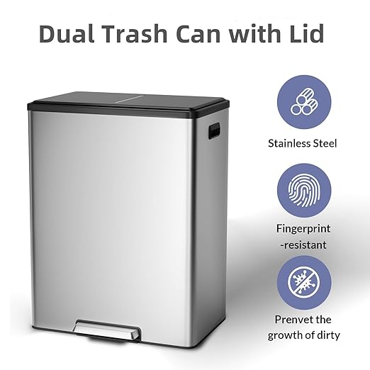 Dual Trash Can with Lid, 16 Gallon/60L Stainless Steel Recycling Trash Bin with 2 Removable Waste Buskets and Wide Pedal, Modern Garbage Bin for Home Kitchen