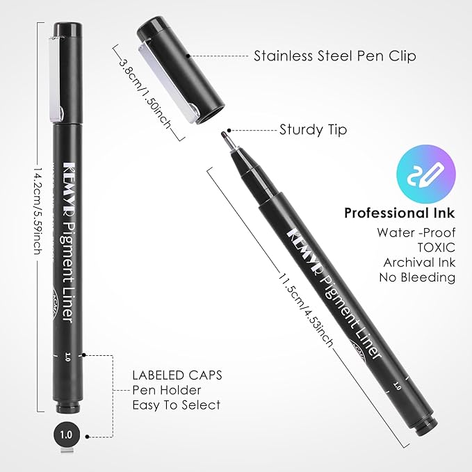 4 Micro Fine liner Drawing Art Pens Calligraphy Pens: 0.5mm Size Black Art supplies Waterproof Archival Black Ink Markers For Artists,Use for Professional Watercolor,Sketching