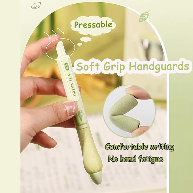 Cute Gel Pens 5Pcs Retractable Quick Dry Ink Pens 0.5mm Fine Point Black Ink Kawaii Smooth Writing Pens for School Office Supplies Aesthetic pretty pens (Green tea)
