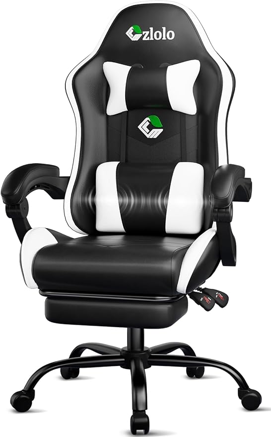 Gaming Chair, Ergonomic Office Computer Chair with Footrest and Lumbar Support Massager Racing Style High Back Video Gamer Chair, Wide＆Thick Cushion, 90°-135° Recline, Adjustable Height, White