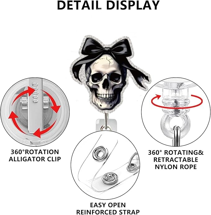 Halloween Skull Badge Reel Retractable for Nurse Nursing Student Medical Worker & Office Staff Acrylic Alligator Clip Badge Reel Halloween Skeleton with Bow ID Card Badge Holder Gifts