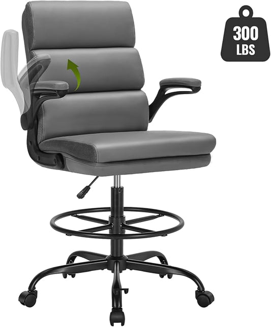 Drafting Chair Tall Office Chair with Padded Flip-up Armrests Executive Ergonomic Computer Standing Desk Chair with Comfortable Leather Backrest and Adjustable Footrest Ring (Gray)