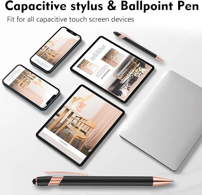 12 PCS 2 in 1 Stylus Ballpoint Pen with Stylus Tip, 1.0 mm Black Ink Metal Pen Stylus Pen for Touch Screens (Rose Gold & Blue)