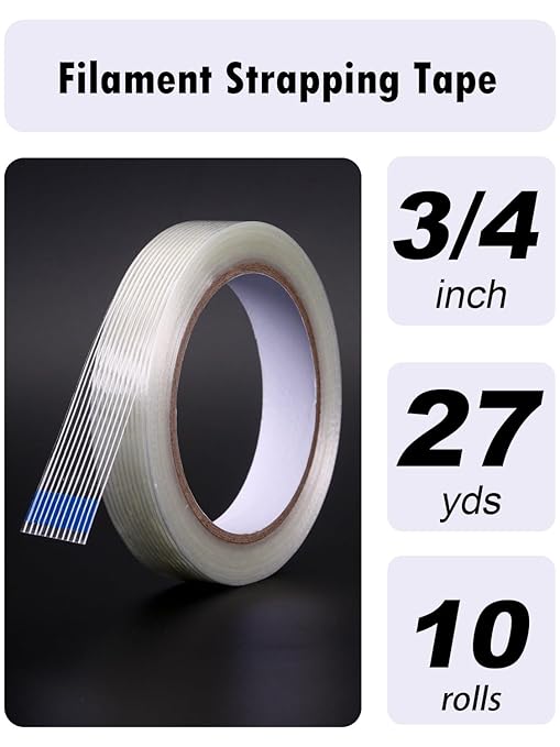 10 Pack 3/4 in×27YDS, Filament Strapping Tape, 270yds Total, Clear Fiberglass Reinforced Packing, Heavy Duty Wearproof Tape, Extra Thickness 5.5 mil