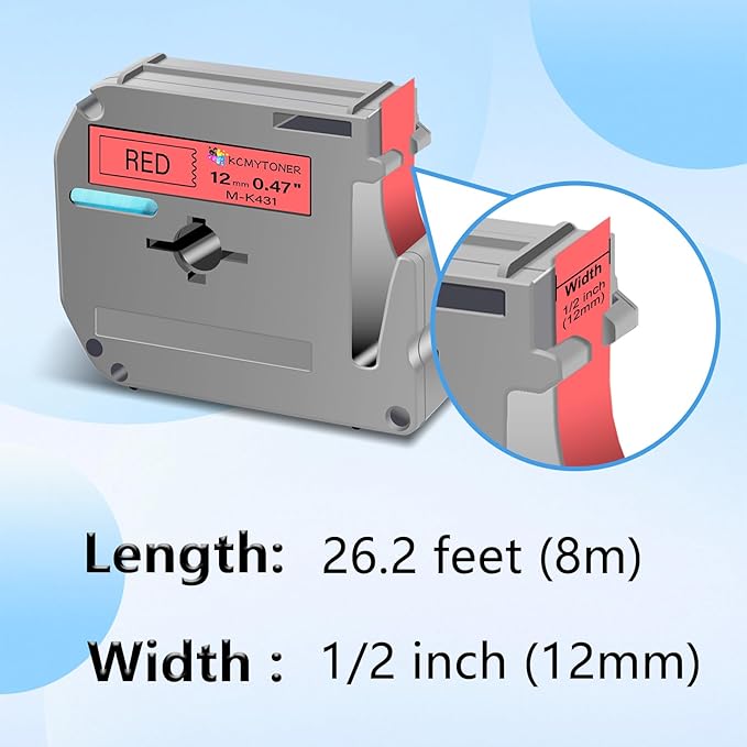 Compatible for Brother P-Touch M Tape M-K431 MK431 M431 MK-431 Black on Red Label Tape 0.47" (12mm) x 26.2ft 2 Pack