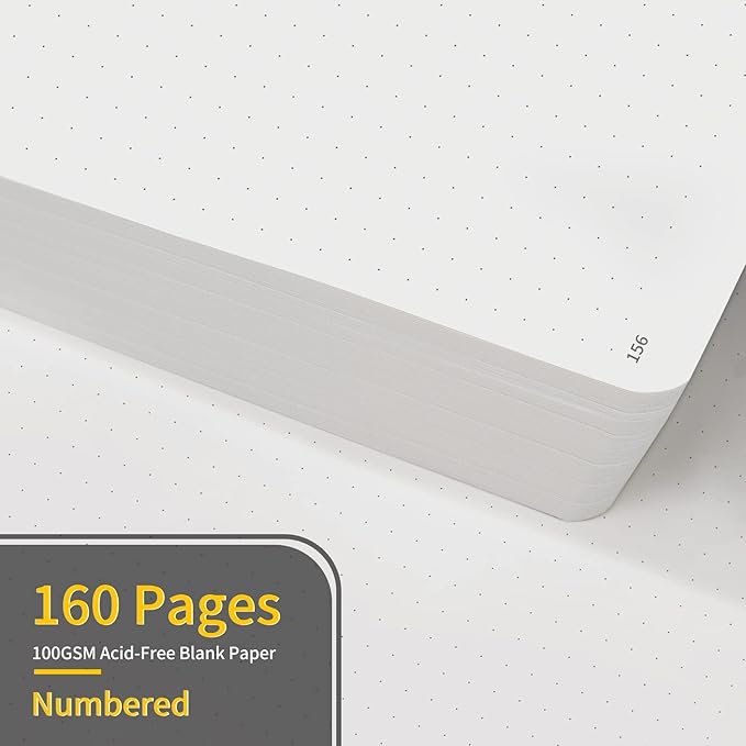 Annecy Numbered Bullet Dotted Journal Notebook, Medium 5.5x 8.25, 160 Pages 100GSM Writing Paper, A5 Black Faux Leather Cover with Pen Loop