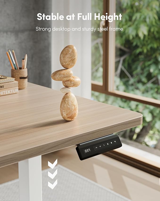 FEZIBO One-Piece Standing Desk Adjustable Height Stand up Home Office Desk, 32x24 Inch Electric Standing Computer Desk, with 4 Memory Presets, Fixable casters, Light Rustic