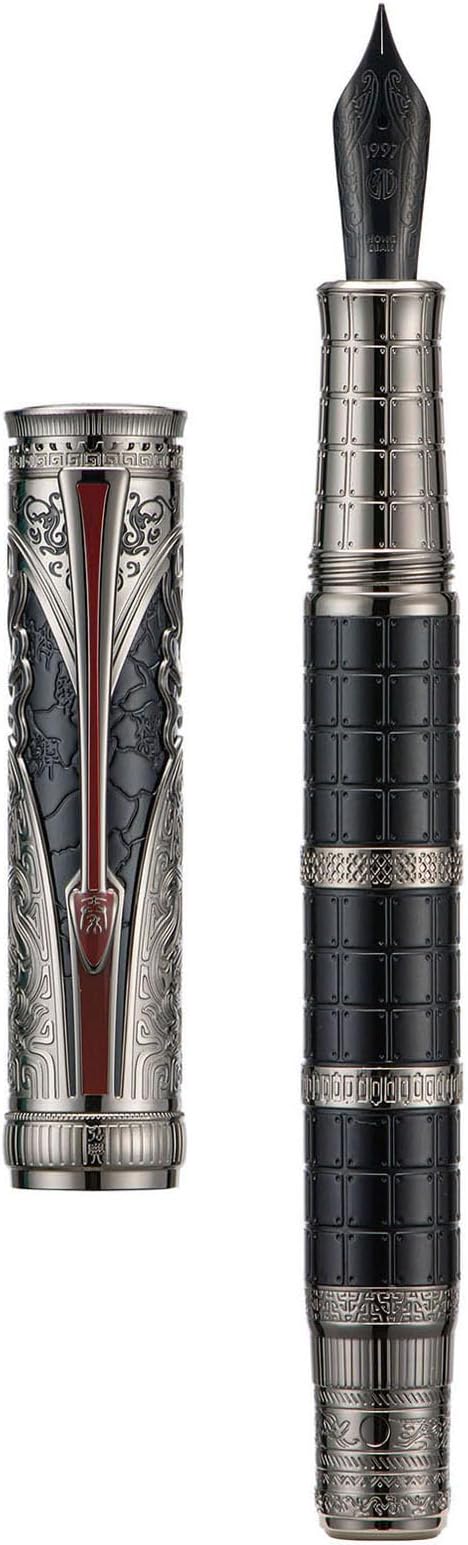 Hongdian D5X Fountain Pen Black Fine Nib, Qin Dynasty Retro Chinese Totem Engraving with Converter and Pen Box Set