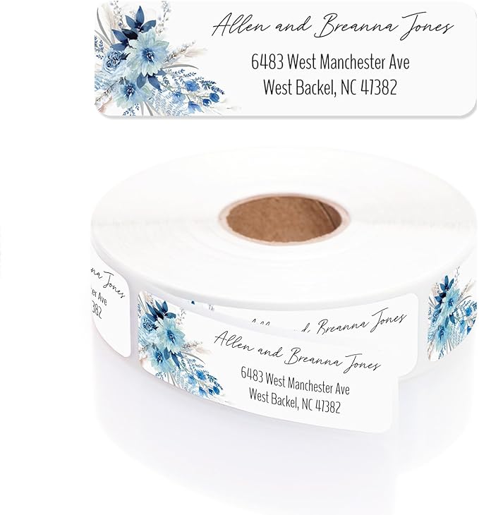 Blue Floral Rolled Address Labels / 500 Personalized Return Address Labels/Designer Address Stickers in Elegant Plastic Dispenser