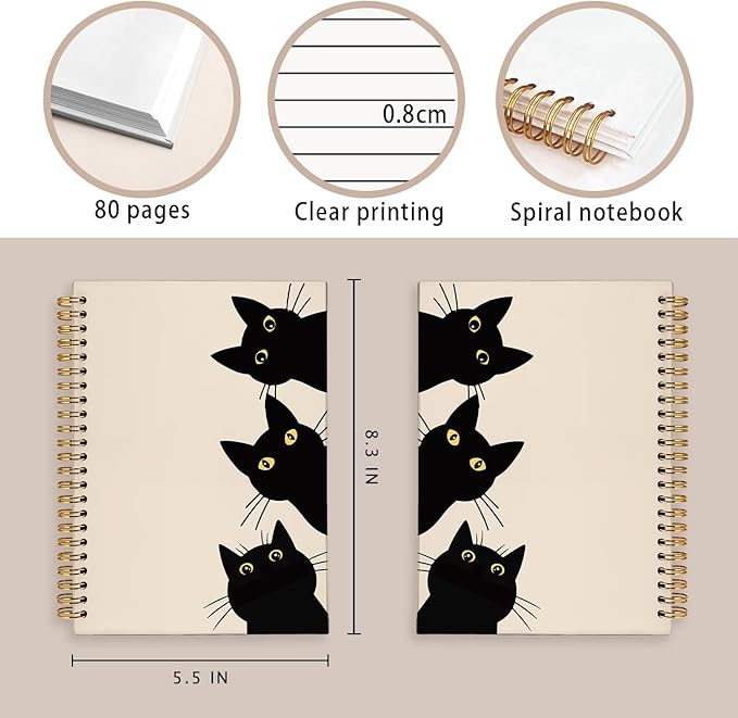 Funny Cat Notebook Journal, Funny Peeking Spiral Notebook, Cat Lover Gifts for Women Men, Black Cat Gifts for Girls, Cat Notepad for School Supplies, Office Supplies 5.5x8.3 Inch