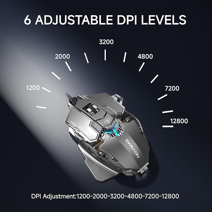 EWEADN G5 Wired Gaming Mouse, Ergonomic RGB Computer Mouse, 12800 Adjustable DPI, 9 Programmable Macro Buttons with Rapid Fire Key Compatible for PC/Laptop/Windows-Grey&White
