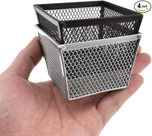 HAHIYO Stackable Paper Clip Mesh Holder Cup 2.2" Height 4 Pack Sturdy Paperclip Holder Container for Desk Drawer Organizer Collection for Home Office School Black Silver Soft Foam Feet No Sharp Edges