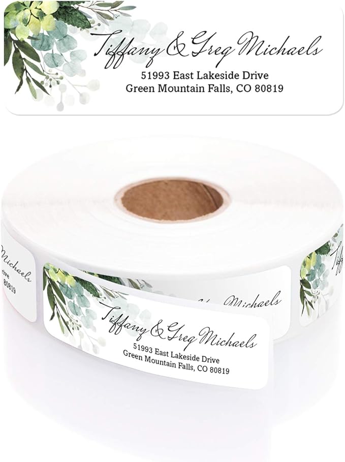 Floral Greenery Rolled Address Labels/Roll of 250 Personalized Address Labels/Designer Return Address Stickers in Elegant Plastic Dispenser