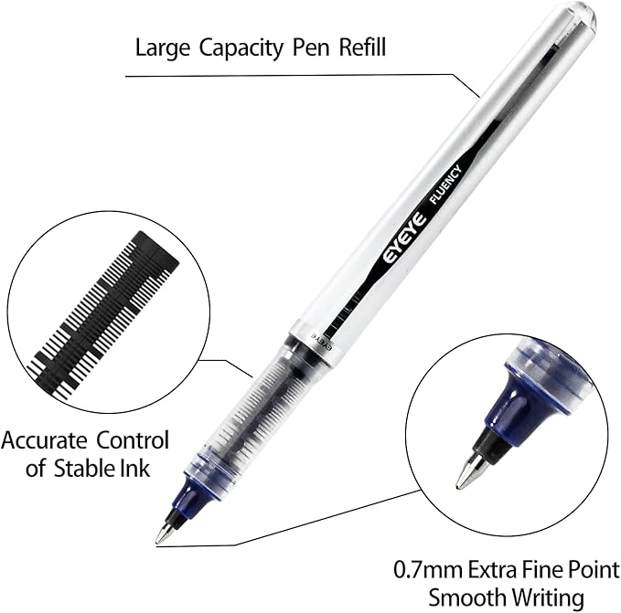 EYEYE Blue Rollerball Pens 0.7mm, 6 Pack Medium Point Roller Ball Pen Quick Dry, Liquid Ink Pen Fine Point Smooth Writing Pens for Journaling, Note Taking, Office, School Supplies