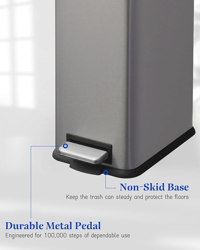 Bathroom Trash Can with Lid, 16.7L/ 4.4 Gallon Trash Can with Removable Inner Bucket, Soft Close lid, Stainless Steel Step Pedal Garbage Can for Bathroom, Kitchen, Home Office, Grey