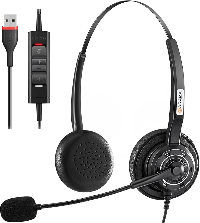 Arama USB Headset with Microphone for PC Laptop, On-Ear Wired Computer Headset with Noise Cancelling Mic & in-line Control for Home Office Call Center Online Class Skype Zoom（A202USB）