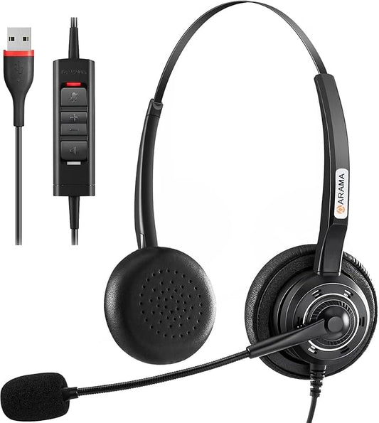 Arama USB Headset with Microphone for PC Laptop, On-Ear Wired Computer Headset with Noise Cancelling Mic & in-line Control for Home Office Call Center Online Class Skype Zoom（A202USB）