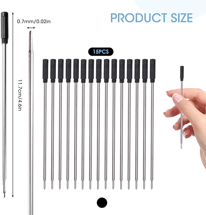 0.7 mm Ballpoint Ink Twist Pen Refills, 15 Pcs Medium Point Metal Smooth Writing Replaceable Ink Refill, Stationery Compatible for Cross Ballpoint Replacement (4.6in M) (Black, 15)