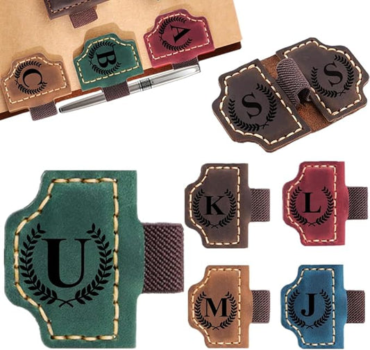 Custom Bookmark with Pen Holder with 26 Letters Personalized Magnetic Leather Book Mark, Customized Name Book Marker Clip with Initial for Men Women, Gifts for Book Lovers, Readers, (Green, U)
