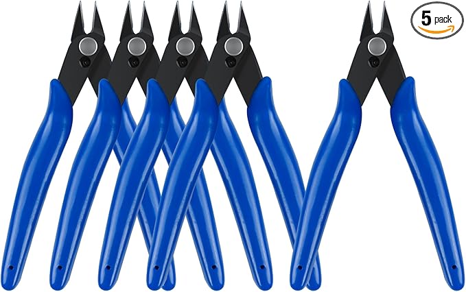 HongWay 5pcs Micro Flush Cutters With Internal Spring, 5 Inches Blue - Side and Diagonal Cutters for Electronics, Heating Wire, Model Sprue, Soft Copper Wire Snips