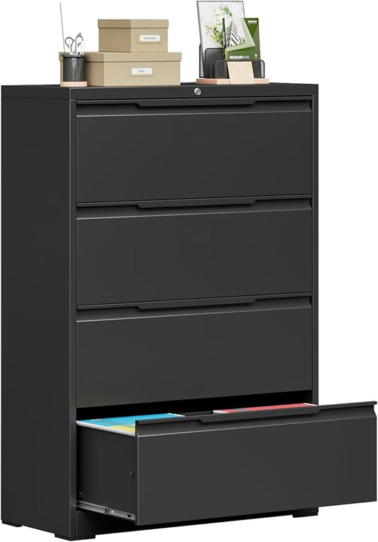 4 Drawer Lateral File Cabinet, Metal Lateral Filing Cabinet with Lock for Hanging Files Letter/Legal/F4/A4 Size, Easy Assemble Black