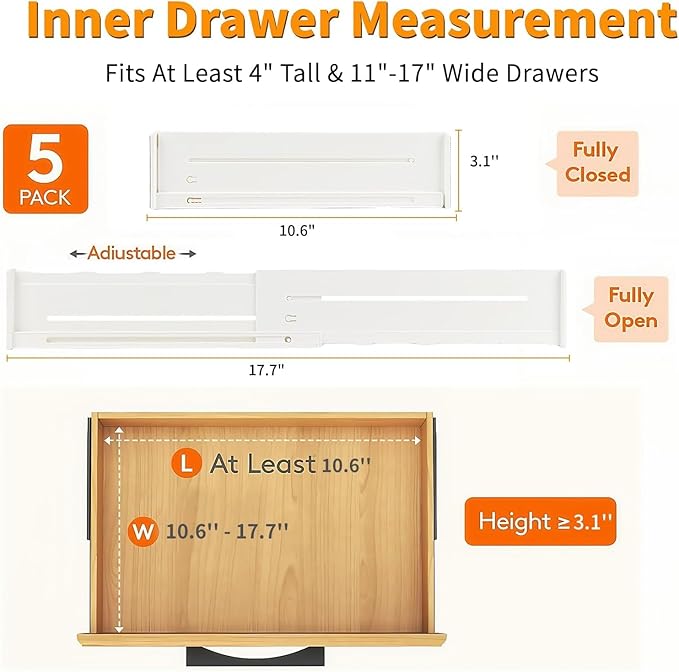 5 Pack Drawer Dividers 3.1" Slim Height Drawer Separators, Non-Slip Plastic Drawer Organizers Expandable 10.6"-17.7" for Shallow Drawers,Kitchen & Clothes Storage, Adjustable Office Drawer Divider