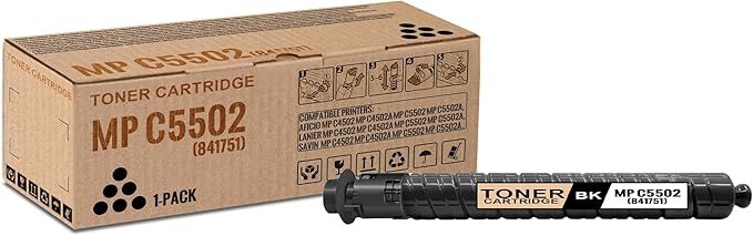 1 Pack MP C5502 Black Toner Cartridge | Replacement for Ricoh MP C5502 Work with Aficio MP C4502 C4502A C5502 C5502A LANIER MP C4502 C4502A C5502 C5502A SAVIN MP C4502 C4502A C5502 C5502A | 841751