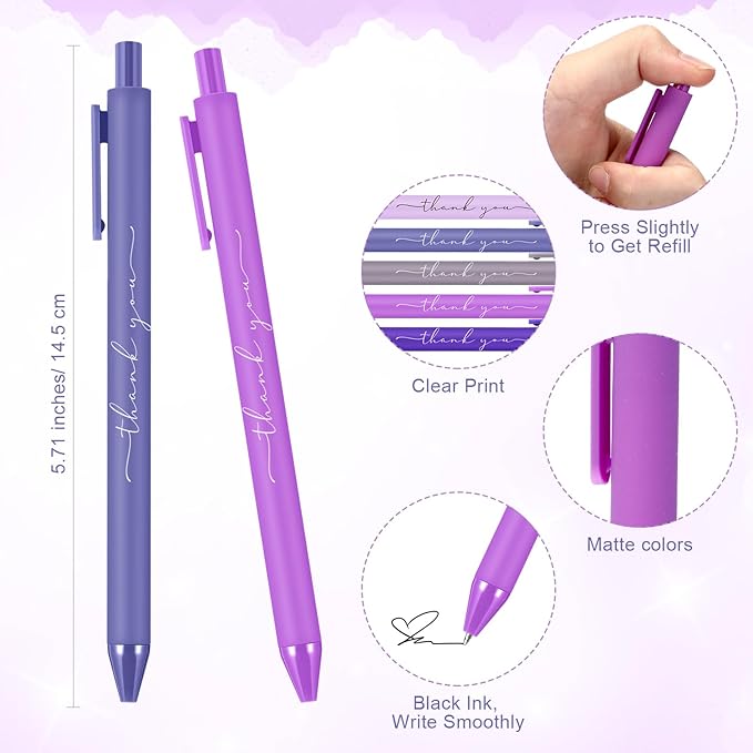 30pcs Thank You Pens Bulk Cute Multicolor Ballpoint Pen for Men Women Server Accessories Employee Holiday Appreciation Gifts for Teacher Office Back to School Party Favor (Purple)