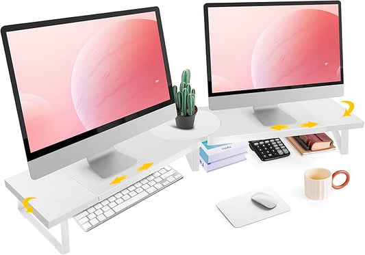 Dual-Monitor-Riser-Stand-For-Desk, Large Monitor Stand Riser For 2 Monitors With Adjustable Length Angle, Double Computer Riser For Desktop Organizer, Monitor Shelf Riser