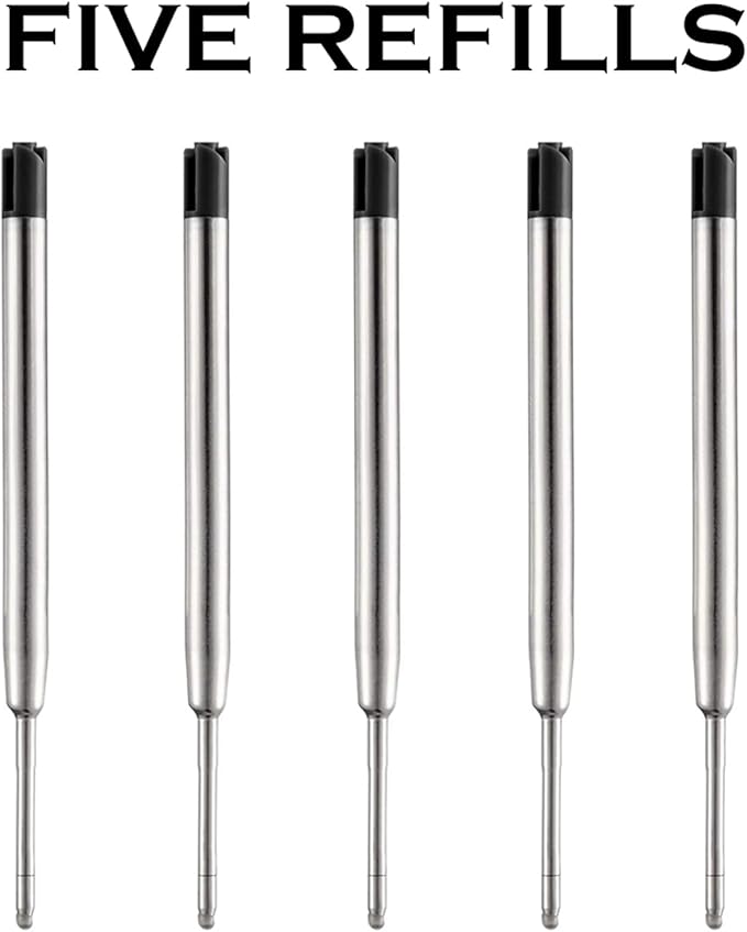 HeTaoCat Black Ink Refill Pack of 5, Replaceable Ballpoint Pen Refills, Medium Point Metal Refil (Black)