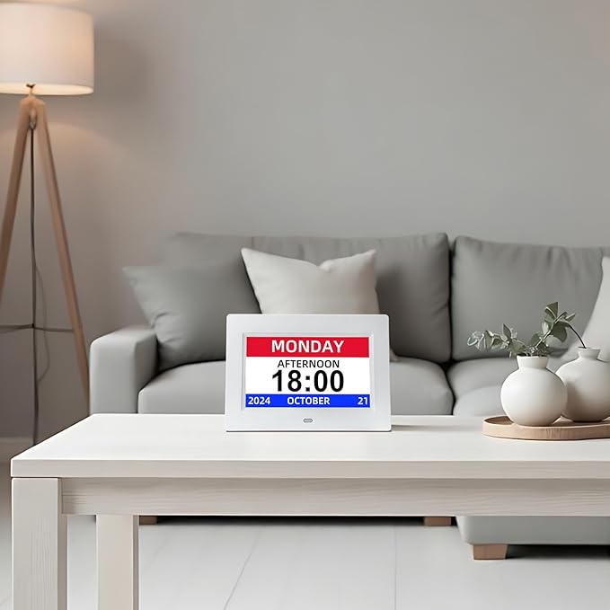 Digital Calendar Alarm Clock for Seniors - 7" Large Display with Day/Date, 12 Custom Alarms & Auto-Dimming | Medication Reminder, Dementia-Friendly Design, Easy Read (White)