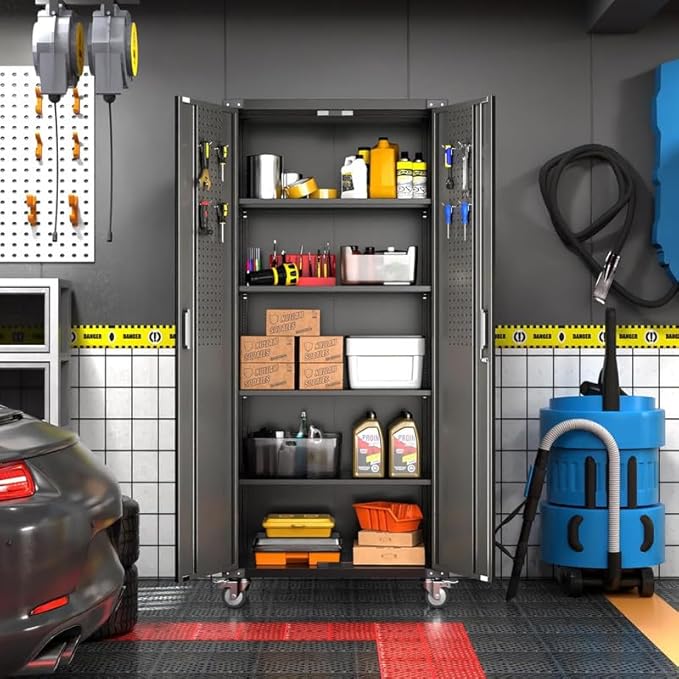 Aobabo Garage Storage Cabinet with Wheels,72" H Metal Storage Cabinet with 2 Doors and 4 Adjustable Shelves for Garage Home, Black,Required-Assembly