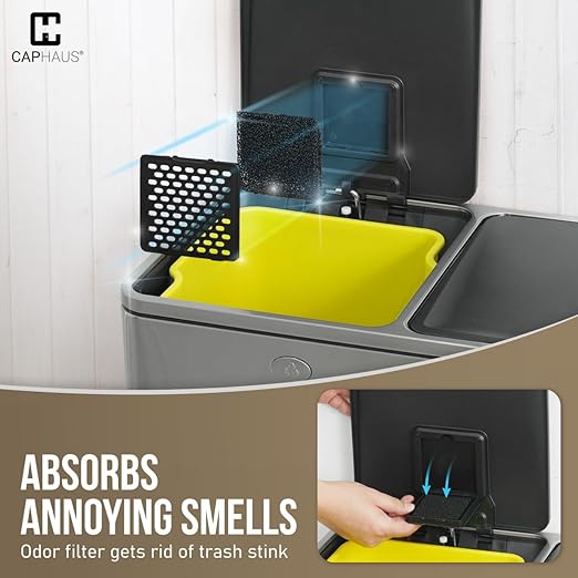 CAPHAUS Black Dual Trash Can w/Double Lid, Trash & Recycle Bins Combo, Hands-Free Stainless-Steel Garbage Can for Kitchen, with 2 Compartment, Hinged Lid, Odor Filters, Handles, 25L+25L, 2 x 6.6 Gal