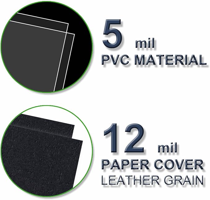 100 Pack Binding Covers Set, 8.5x11 Inches, Including 50 Pcs 5 Mil Clear PVC Binding Covers, 50 Pcs 12 Mil Black Paper Leather Textured
