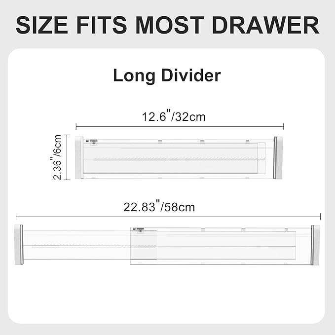 HiYZ Expandable Drawer Dividers - 12.6-22.8'' Adjustable Drawers Organizers for Kitchen Utensils, Drawer Separators in Bedroom, Dresser, Office, Bathroom, Fridge, 12 Pack Long Dividers-Clear