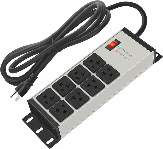 CCCEI Grey Heavy Duty Power Strip Surge Protector 20 AMP, 8 Outlets 12 Gauge Industrial Shop Garage Metal Multiple Outlets, 25 FT Extension Cord 5-15P Adapter High Amp 6-20R T-Slot 20a for Appliance
