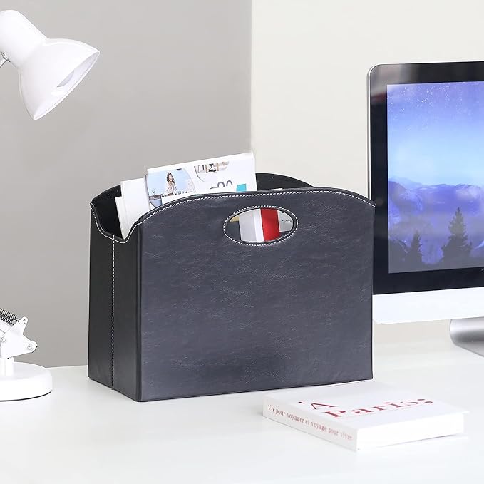 EZDeco Magazine Holder Foldable Magazine Rack Floor PU Leather File Holder Newspaper Book Storage Basket Document File Folder Organizer for Office Home (Black-2)