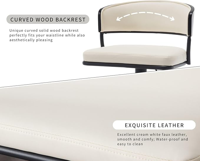 Adjustable Modern Bar Stools Set of 4 Faux Leather Barstools Swivel Counter Height Bar stools with Curved Back/Black Metal Base Comfy Upholstered Bar Chairs for Kitchen Island, Beige