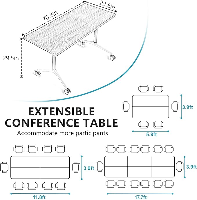 Conference Room Table, Folding Conference Tables,Thicken Grey Tabletop,Flip Top Wooden Seminar Meeting Room Table for Conference Room Offices (4, Black+White, 70.8”)