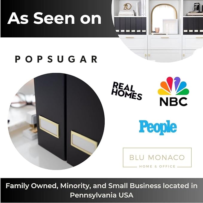 BLU MONACO Declutter in Style - Set of 6 Black Foldable Magazine File Holders with Gold Label Holders - Cardboard Magazine Storage Box & Desk Organizer for Workspace and Shelves