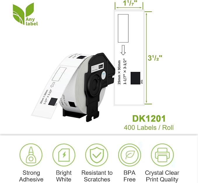 Compatible Standard Address Labels Replacement for Brother DK-1201 (1.1" X 3.5”), Use with Brother QL Label Printers (12 Rolls + 1 Reusable Cartridge, 400 Labels/Roll)