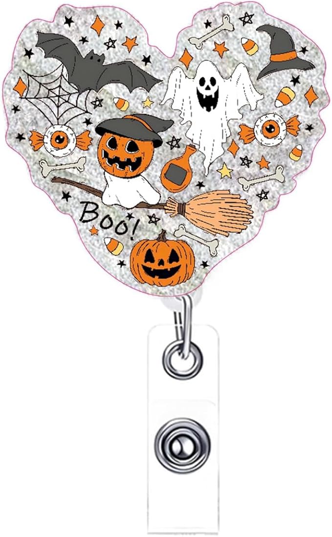 Halloween Ghost Badge Reel Fun Halloween Retractable ID Badge Reel for Nurse, Heart Shape Acrylic Pumpkin Badges Holder with Alligator Clip Fun Holiday Gifts for Nurses Medical Assistant Nursing Staff