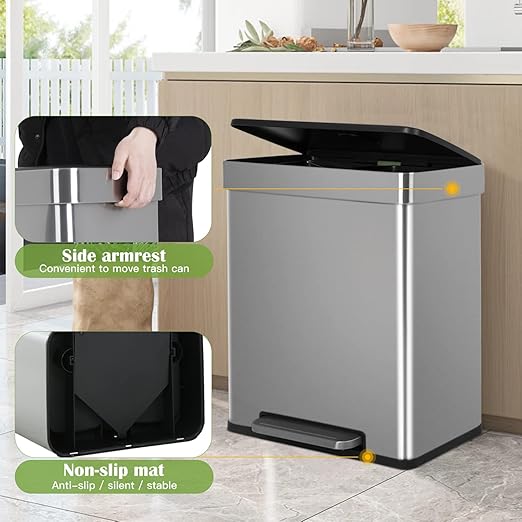 60 Liter Trash Can Soft-Close, Smude Resistant Trash Can with Foot Pedal-Brushed Stainless Steel and Two Independent Drums Waste Bin for Home, Kitchen, Office, Bathroom