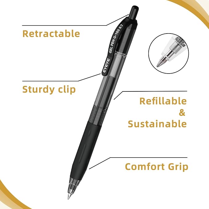 EYEYE G-103 Black Gel Pens 0.7mm, 10 Pack Retractable Medium Point Ballpoint Pen Quick Drying, Pen Fine Point Smooth Writing Pens for Office School Supplies