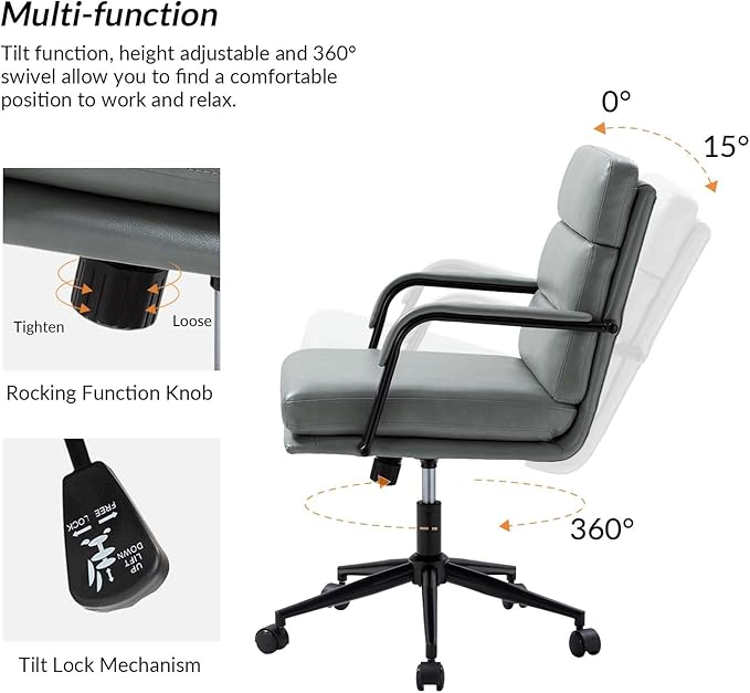 HULALA HOME Modern Faux Leather Home Office Chair with Tilt Lock & Metal Base, Desk Chair with Wheels & Padded Cushion, 360° Swivel Wide Seat Computer Task Chair, Sage